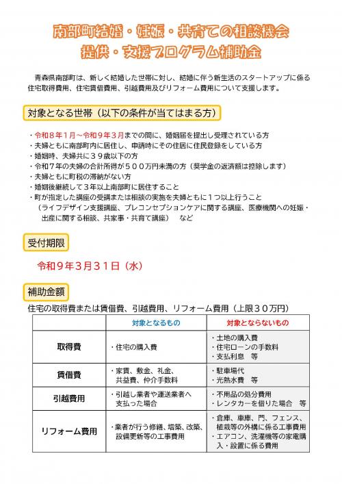 南部町結婚・妊娠・共育ての相談機会提供・支援プログラム補助金